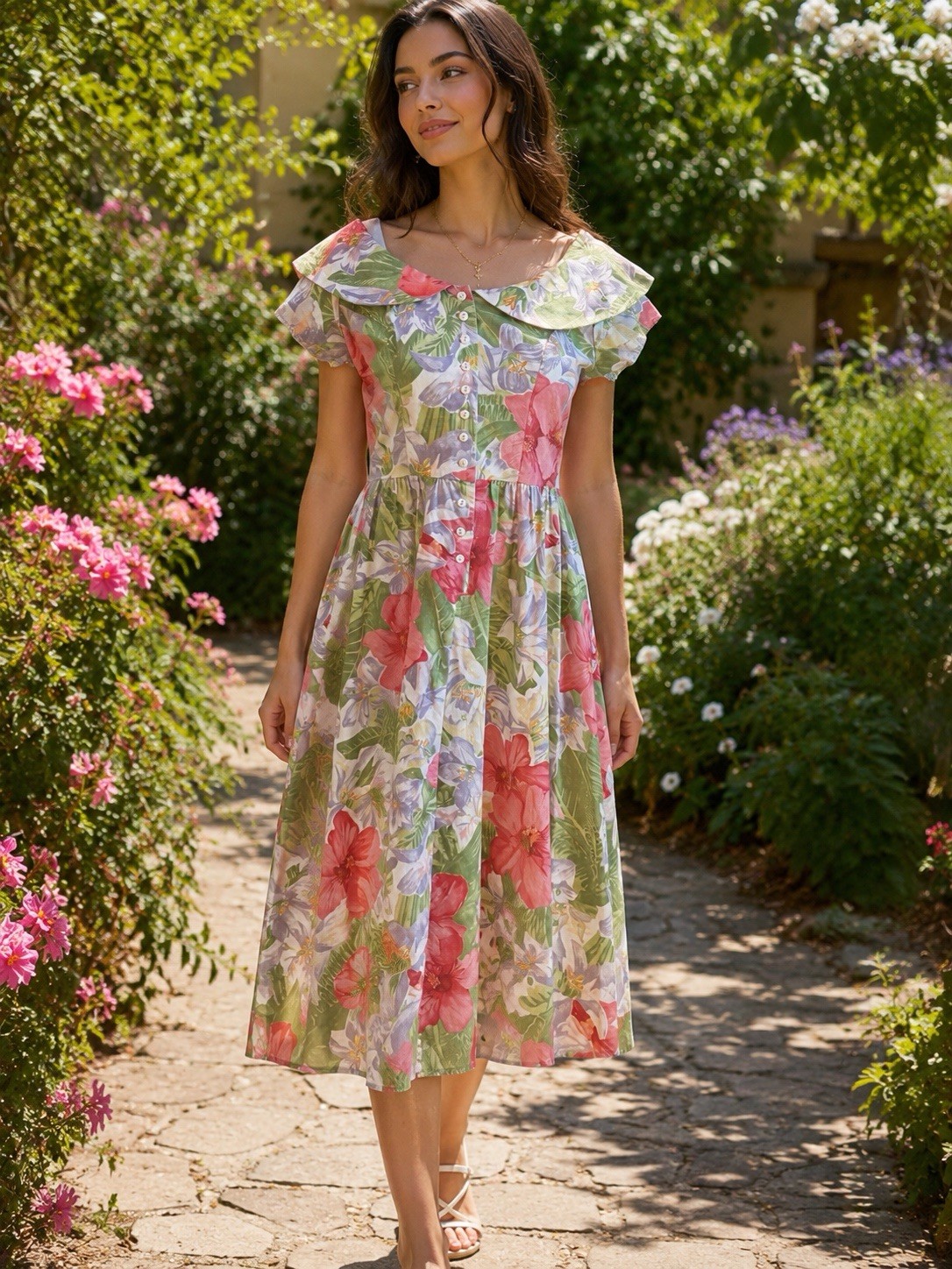 Vintage 80s/90s Dawn Joy Floral Cottagecore Midi Dress Trad Wife Small