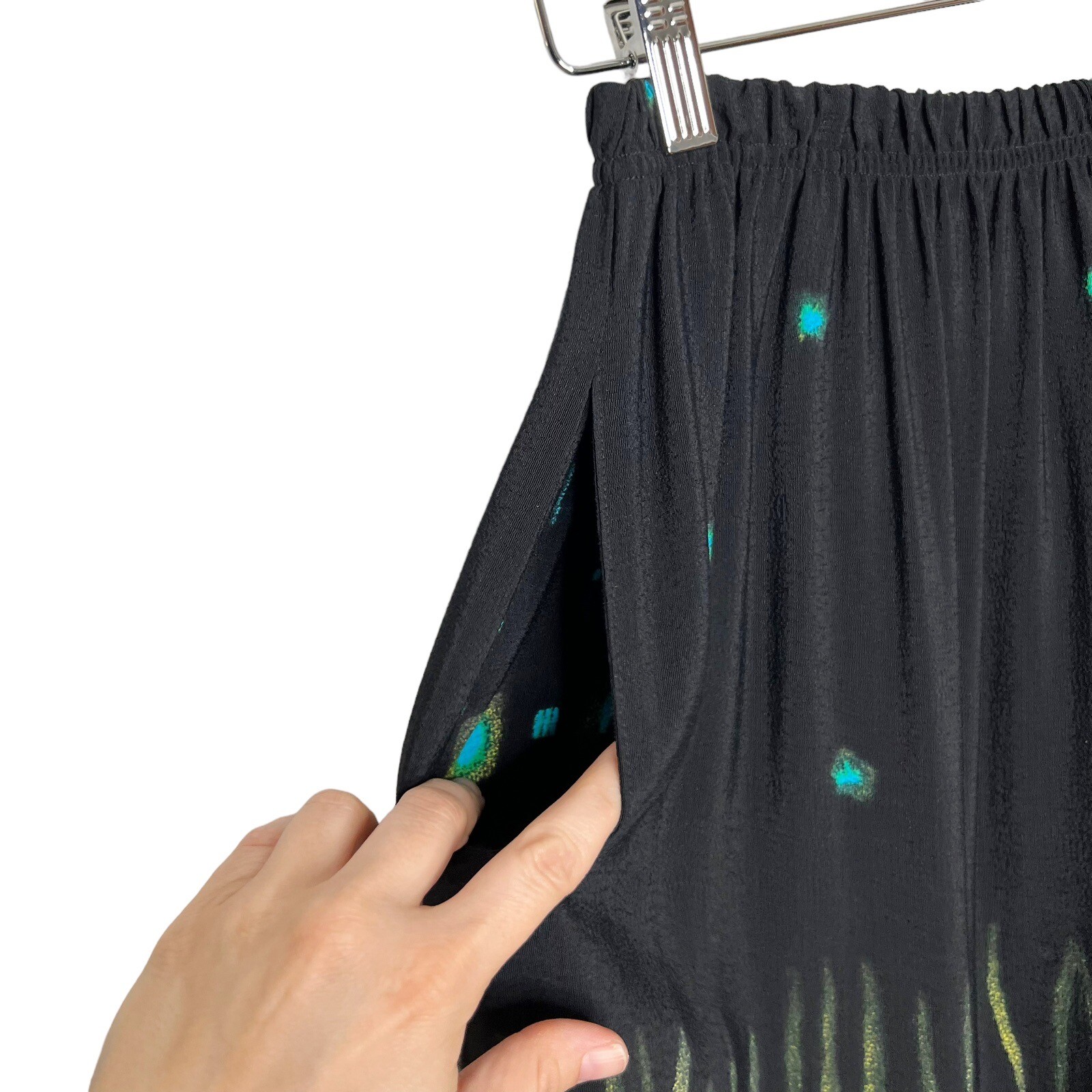 Vtg Nino Wong Rayon Black Teal & Bright Yellow Abstract Print Maxi Skirt Medium