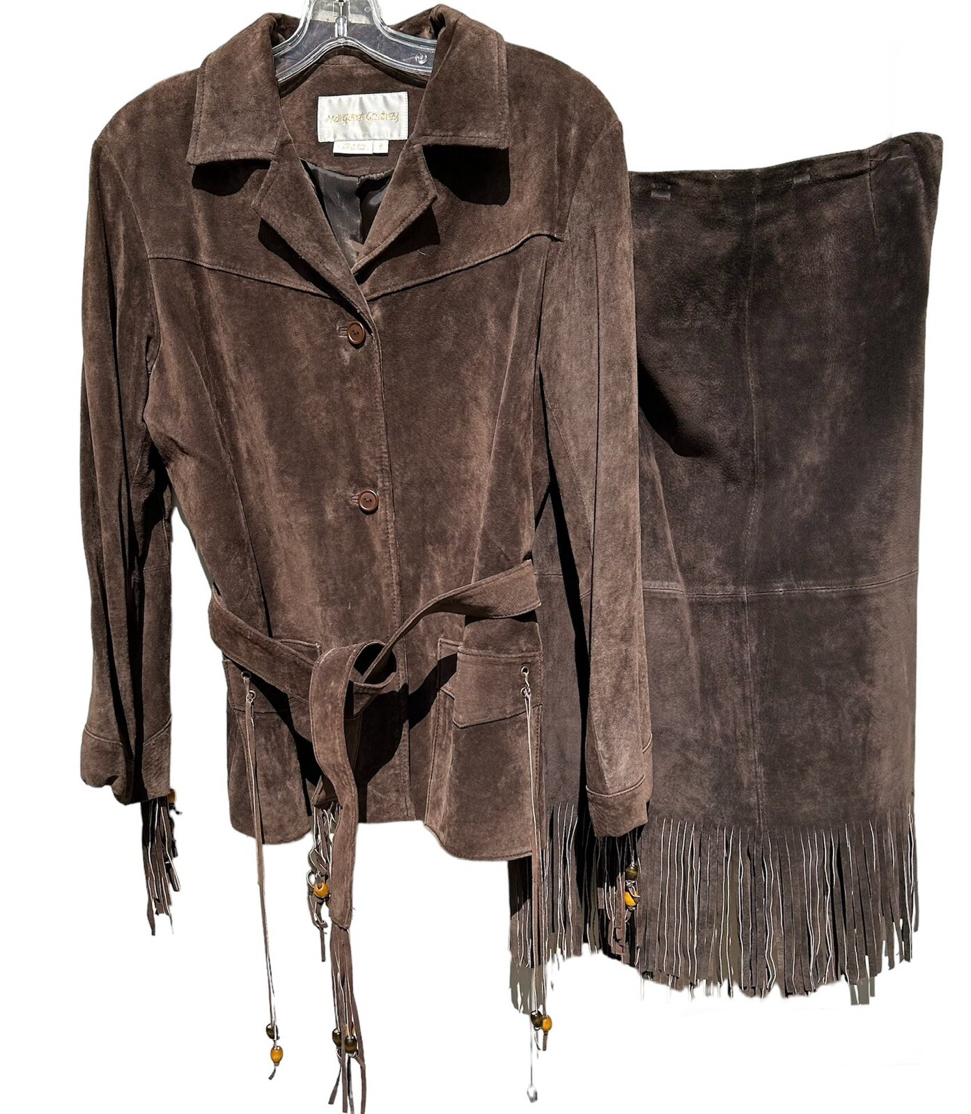 Vintage MARGARET GODFREY Brown Suede 2-Piece Skirt Jacket Size M Leather Fringe