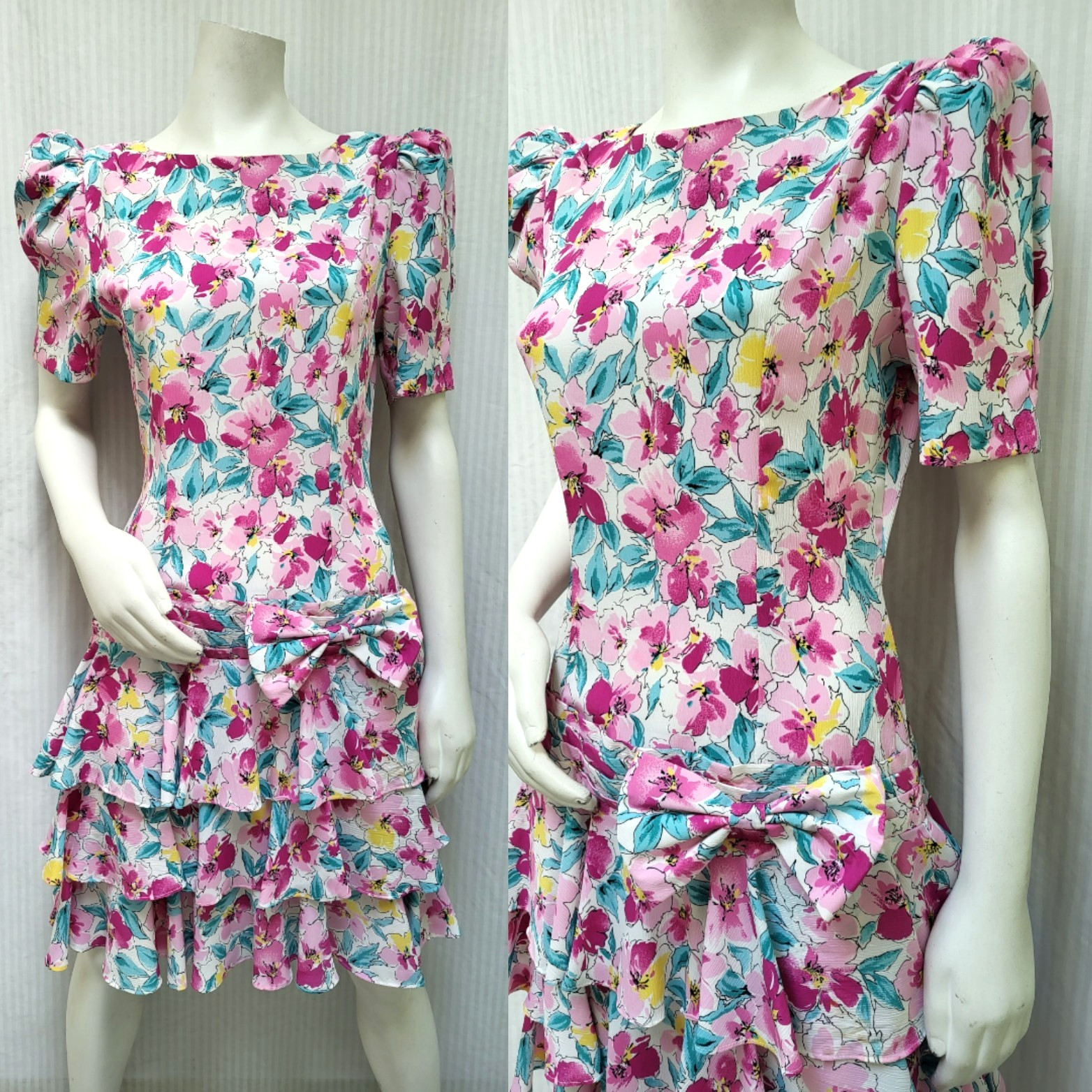 Vintage 1980’s JONATHAN MARTIN Pink Floral Ruffle Drop Waist DRESS – Size M -EUC