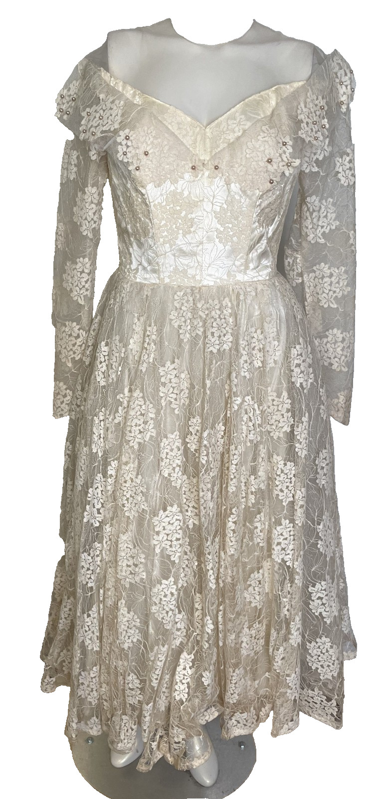 VTG 50s 60s Floral Lace Wedding Dress 34″ Bust 4 6 Full Skirt Off the Shoulder