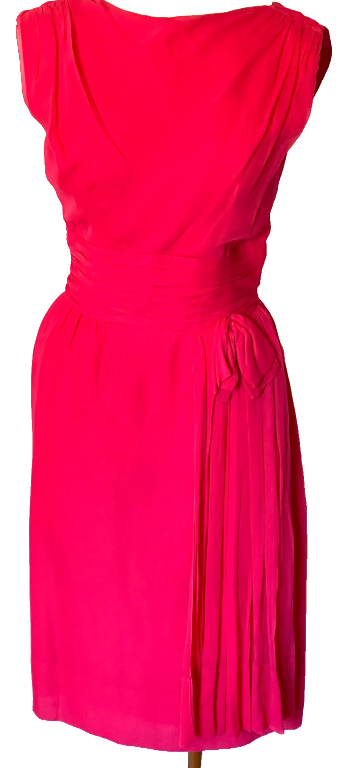 1950 R&K Original Red Chiffon Pleated Side Bow Red Dress Cap Sleeve SZ 8