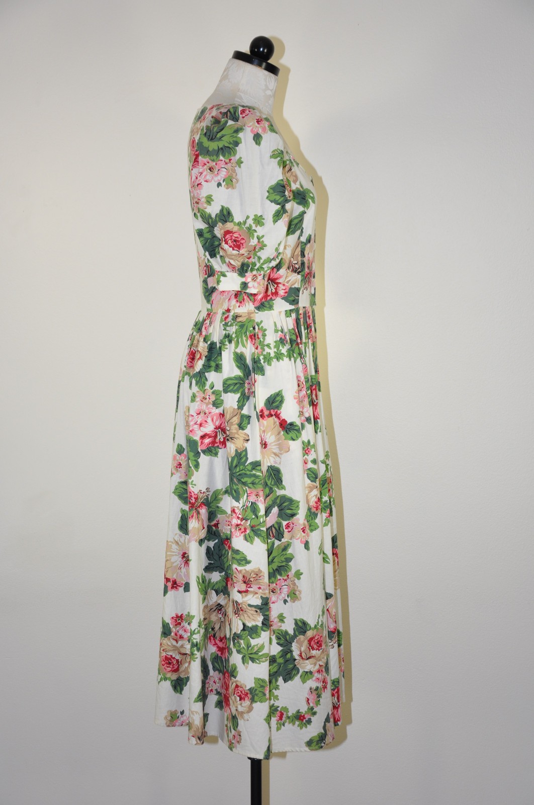 80s Vintage Pink Green Hibiscus Floral Puff Sleeve Romantic Midi Dress Women M L