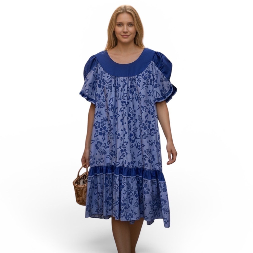Vtg Good Times Hawaii Blue Floral Muumuu Dress Puff Sleeve Ruffle Midi Pockets