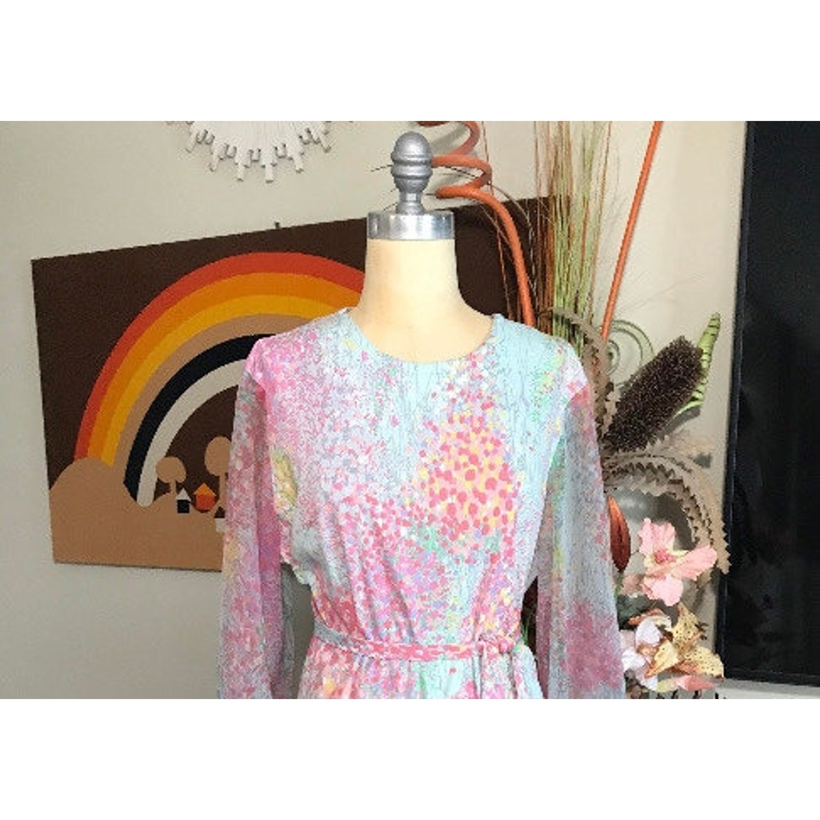 Vintage 1970s Mary Roberts Pastel Floral Dress with Detachable Chiffon Vest