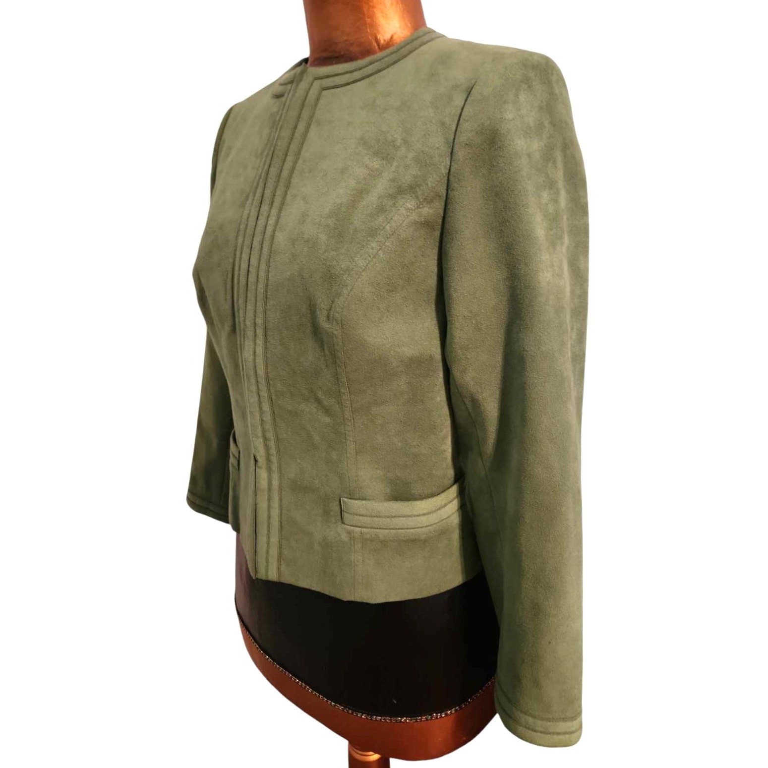 Vintage 70s James Chen Hong Kong Brushed Suede 2-Piece Skirt Suit Moss Green S