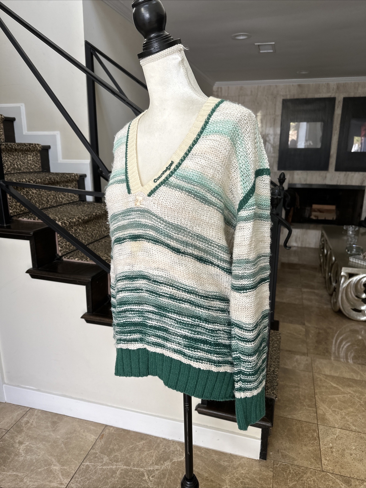 Courreges Vintage 70s Green And White Logo V neck Tennis Sweater Size B