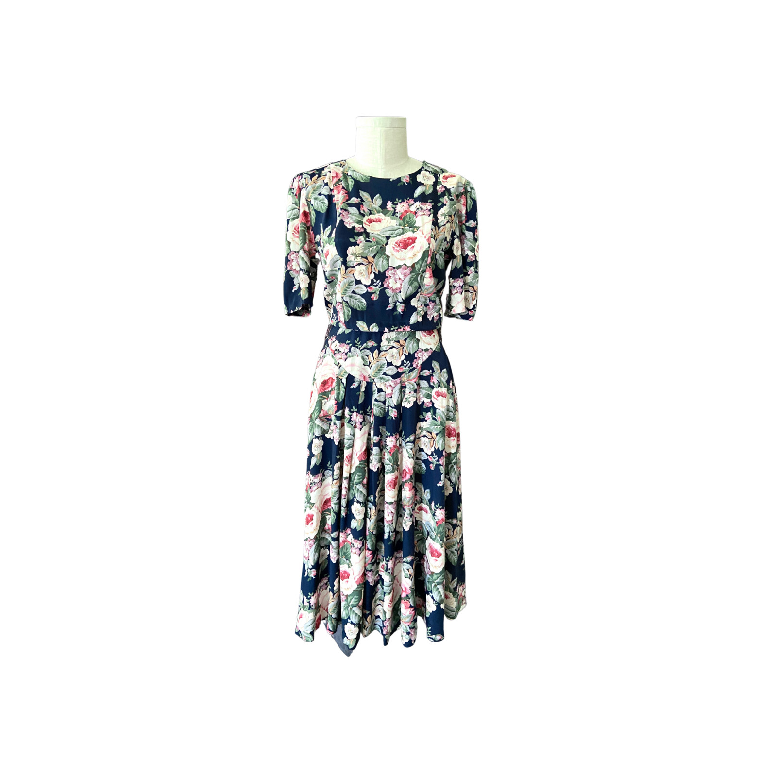 1980s Deep Navy and Pink Rose floral dress neckline E D Michaels sz 9/10 cottage