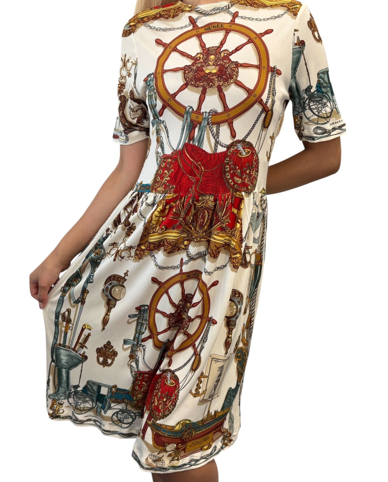 HERMES Vintage Nautical Wheel Print Silk Midi Dress Short Sleeve #XS White Gold