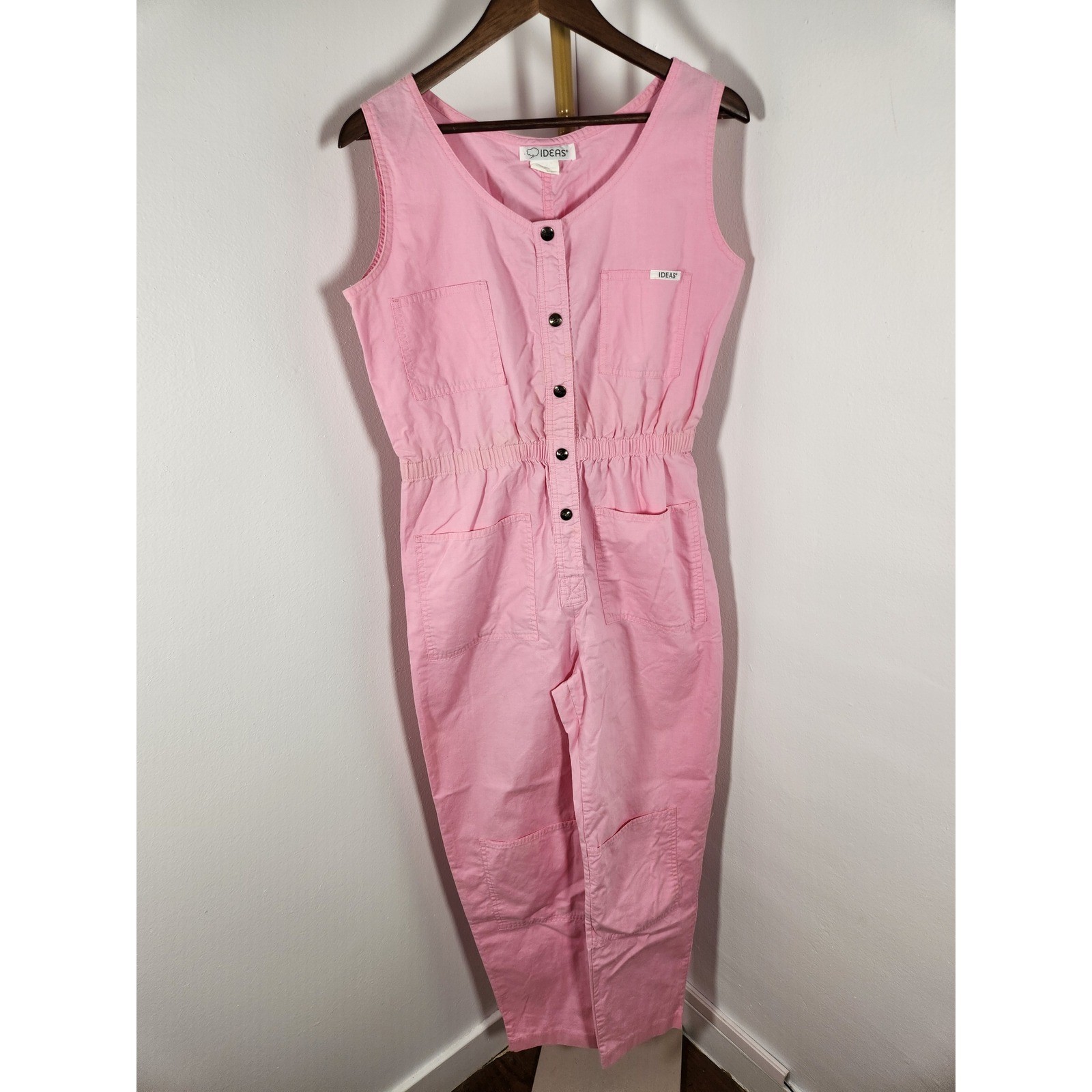 VTG Ideas 1980s Pink Sleeveless Utility Jumpsuit Snap Front Size Large Pockets!