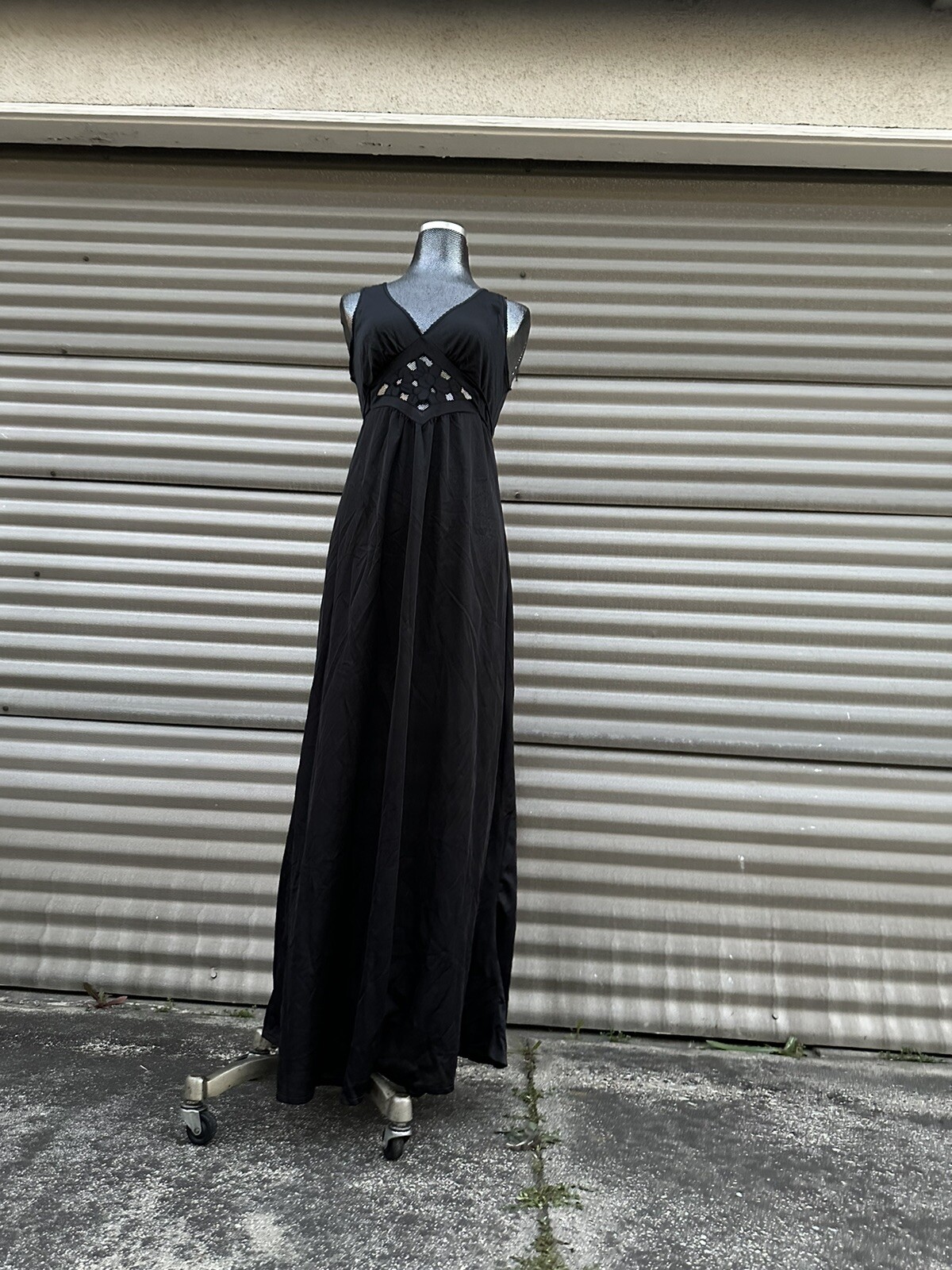 Vintage 80s Black AVIAN Lace Long Lingerie Nightgown Dress Sleepwear – S