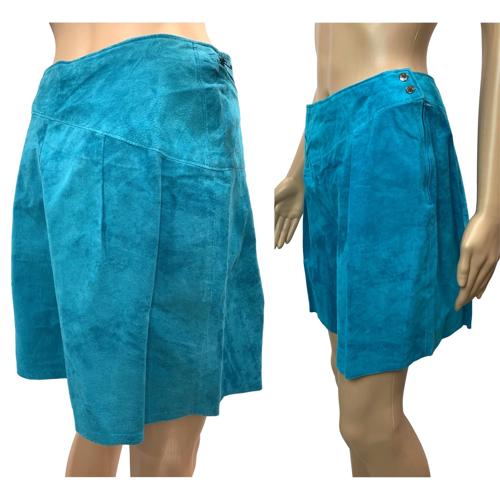 80s Dark Aqua Blue SUEDE Shorts | Asymmetrical Soft Leather | 28″ W