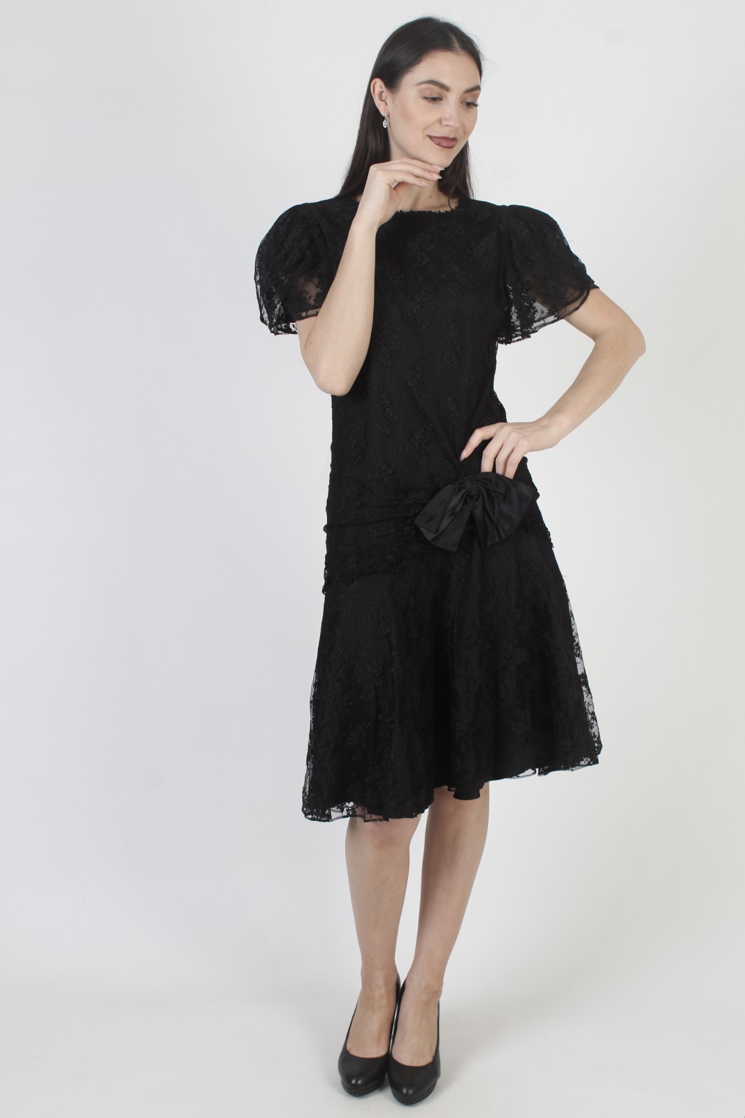 Vtg 80s Barbara Chodos Deco Dress Michael Marcelle Goth Lace Flapper Gown 8