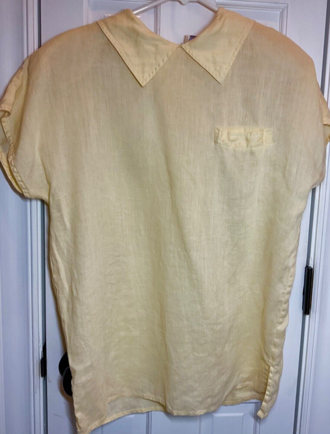 VINTAGE Omanti Blouse TUNIC YELLOW Shoulder Pads Size 12 100% LINEN EUC