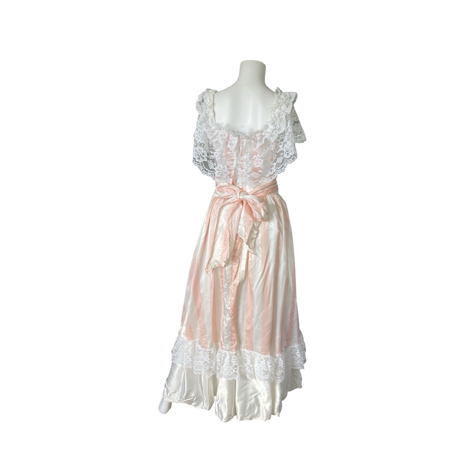 Vintage Precious Moments Prom Dress Ball Gown Peach Ivory Stripe Lace Cupcake