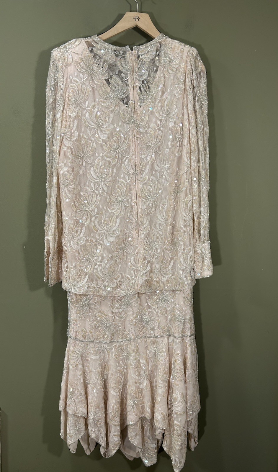 VTG 80s Judith Ann Creations Beaded L/S Pink Assymetrical Flapper Dress Sz M