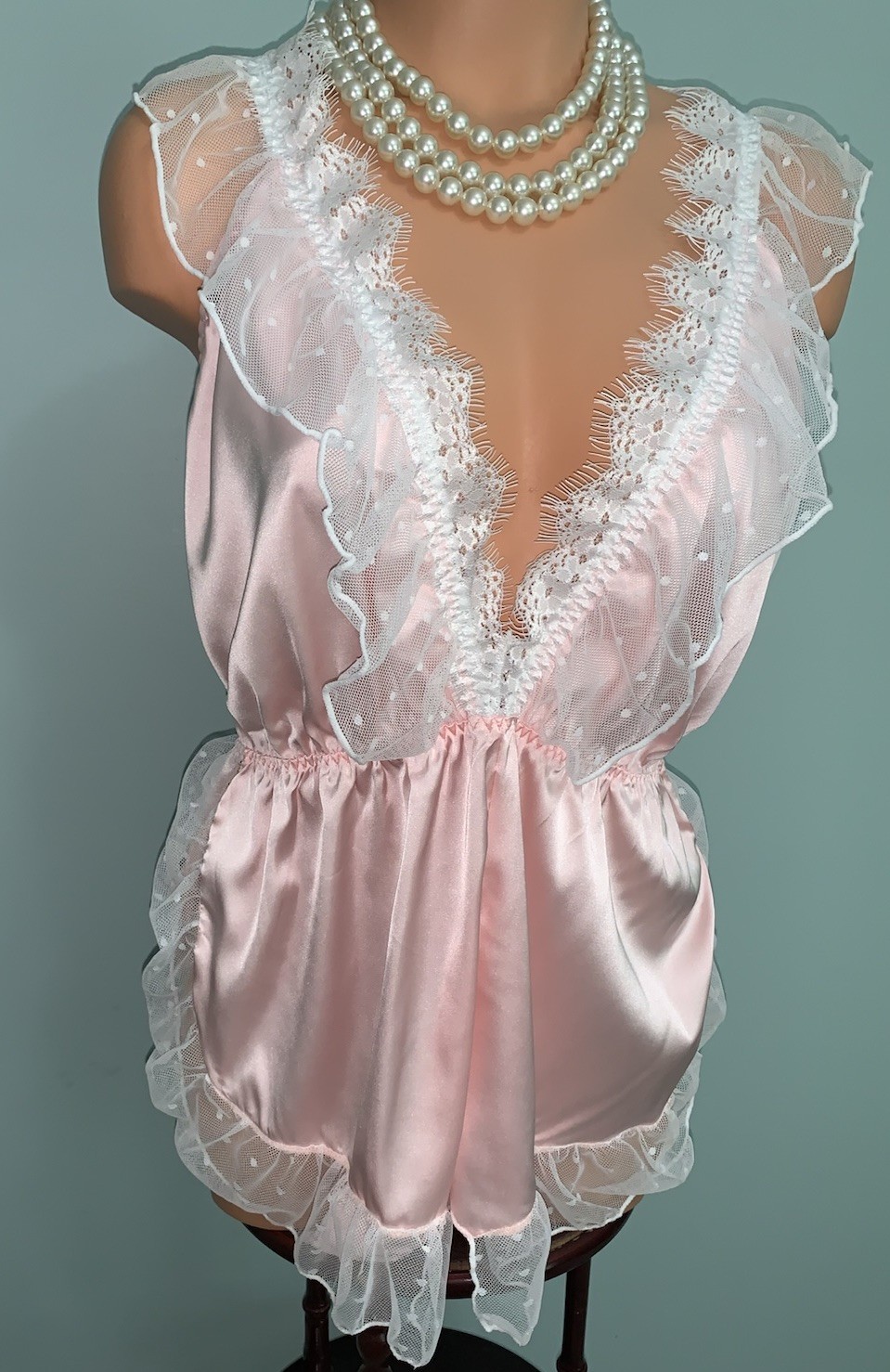 NEW GloSSy Satin Romper Bodysuit Teddy 2X Frilly SOFT Pink Polkadot Fairycore