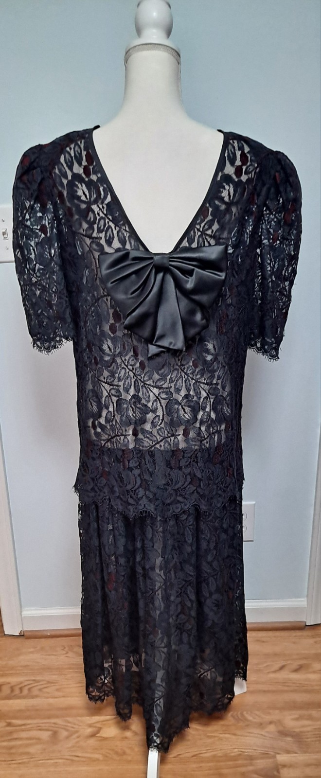 Vintage SG.GILBERT Sz 14 Black Drop Waist Sheer Lace Witchy Whimsy Goth Dress