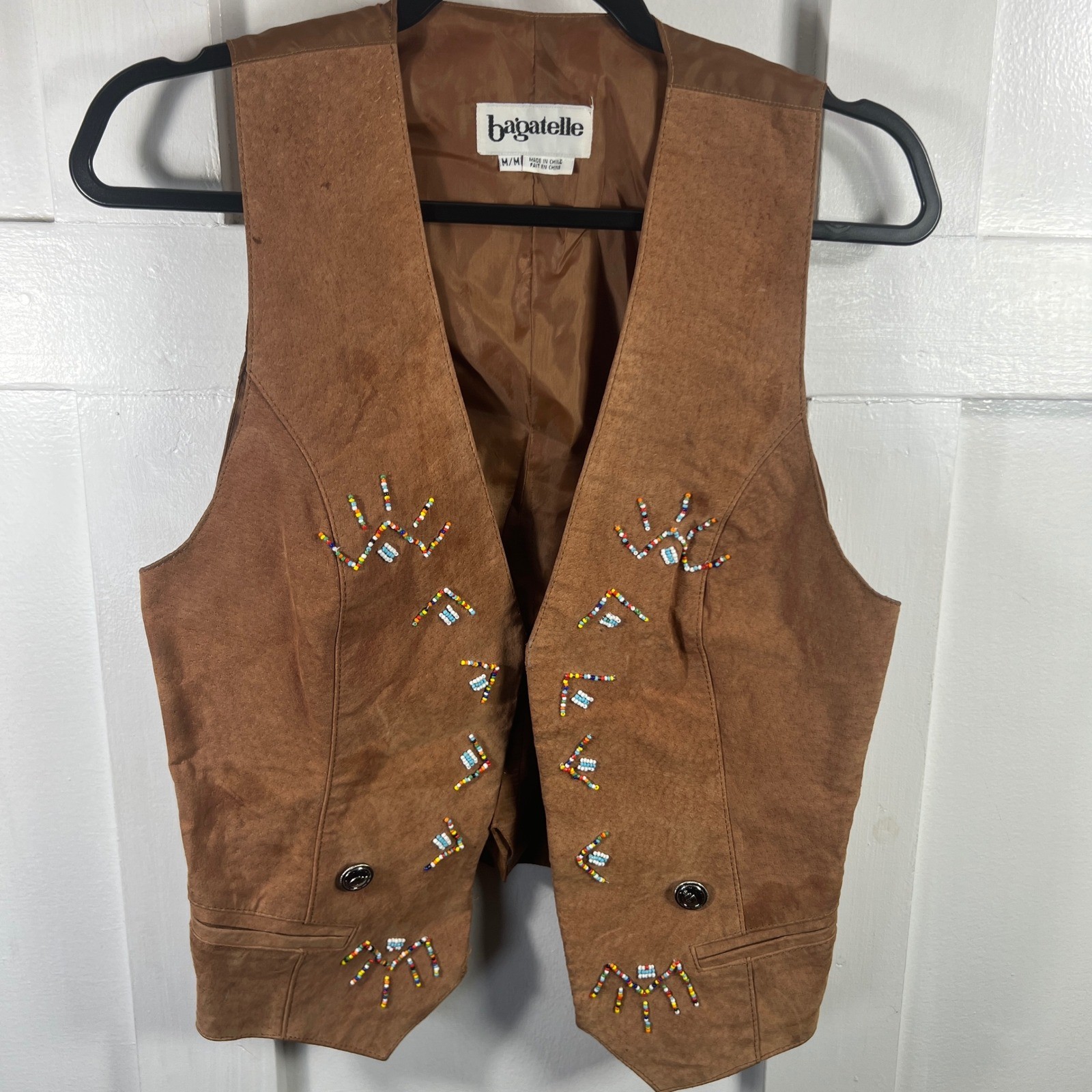 Bagatelle Vintage Brown Suede Beaded Southwestern Vest Womens Medium Tan Leather