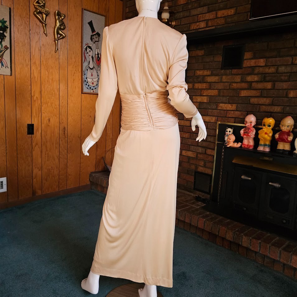 Vtg 70s Slinky Disco Champagne Gold Jill Richards Liquid Jersey Evening Gown S/M