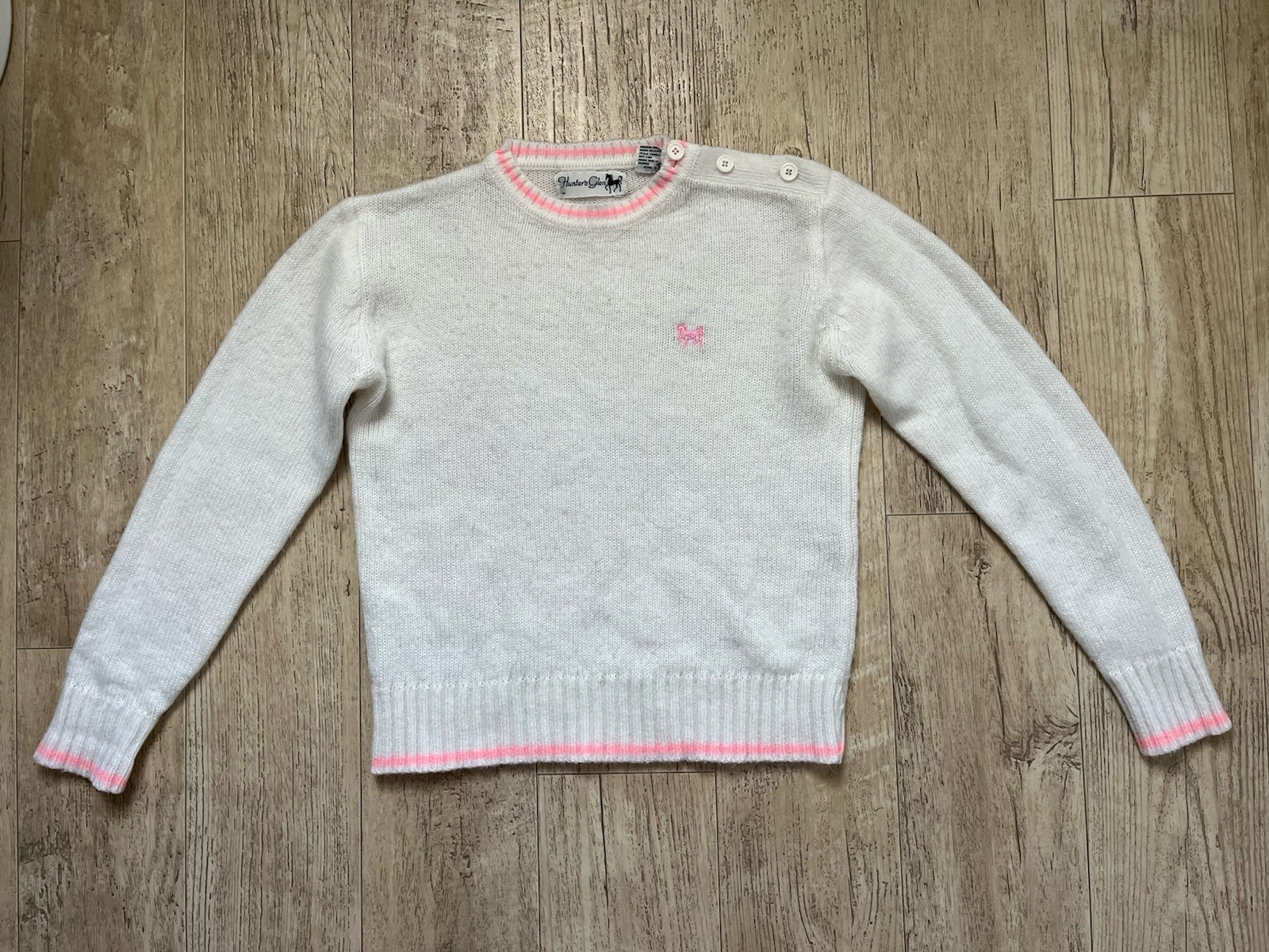 Vintage 80s Hunter’s Glen Pink White Crew Neck Sweater Sz S/M Barbie Core