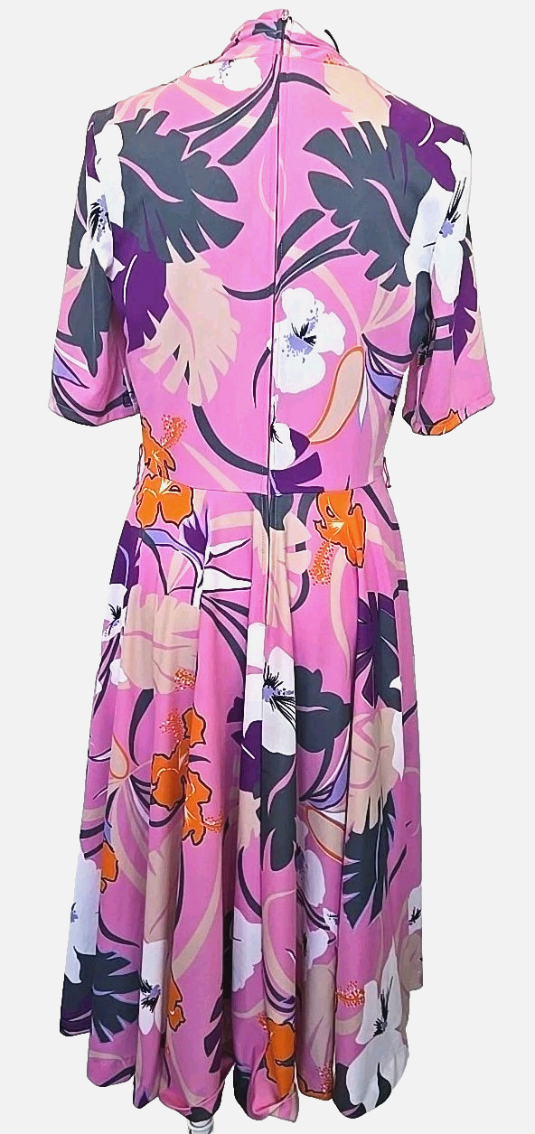 Psychedelic Tropical Floral Monstera Hibiscus Vneck Midi Hawaiin Dress S/M