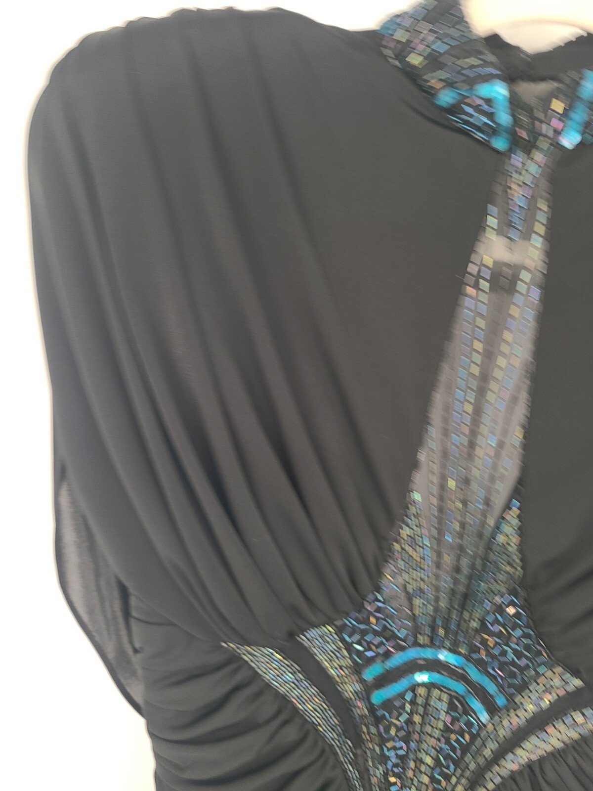 Vintage Eletra Casadei Black Curtain Draped Evening Gown Beaded, Sheer Bodice 10