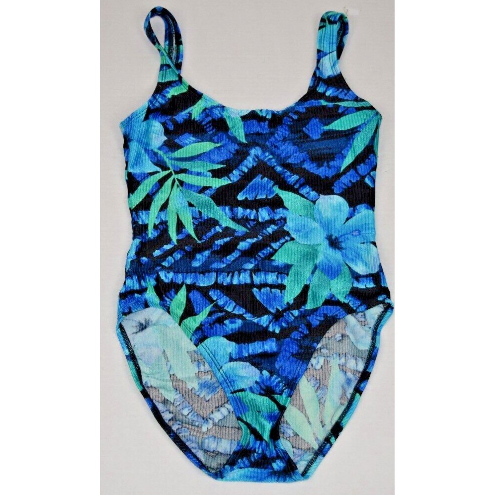 Vintage Swimsuit Catalina Size M Y2K Ocean Blue Green Tropical Flowers Ribbed