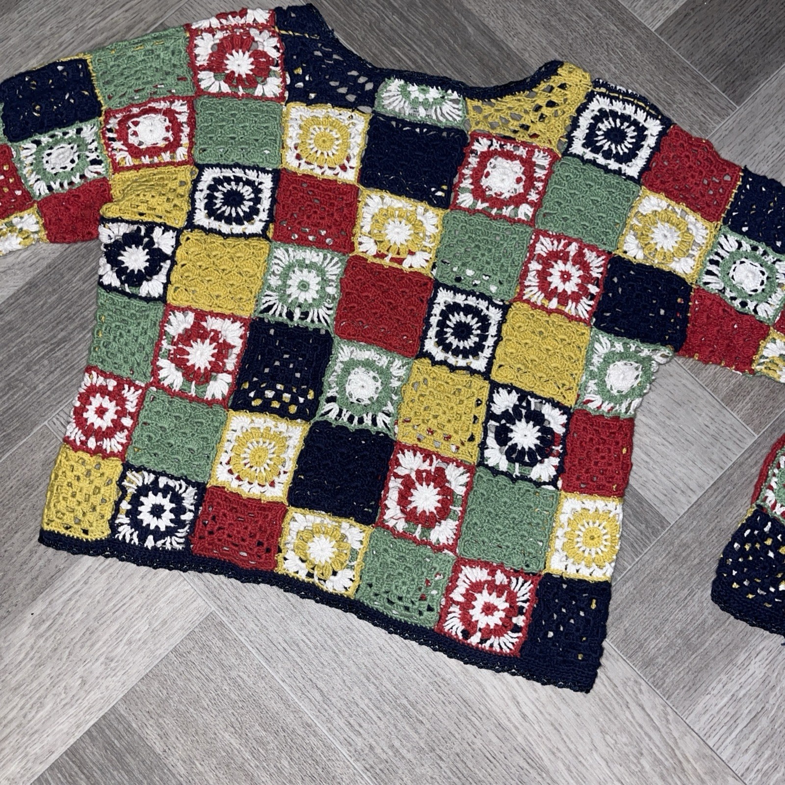 Papillon Los Angeles Crochet Granny Square Long Sleeve Top Vintage Multi Sz Med