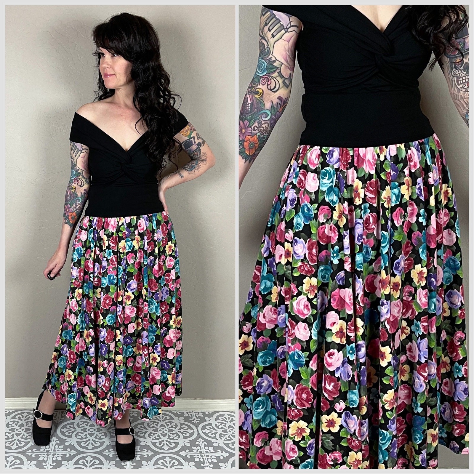 Vintage 1980s Smock Waist Colorful Floral Print Jersey Mom Skirt – S/M
