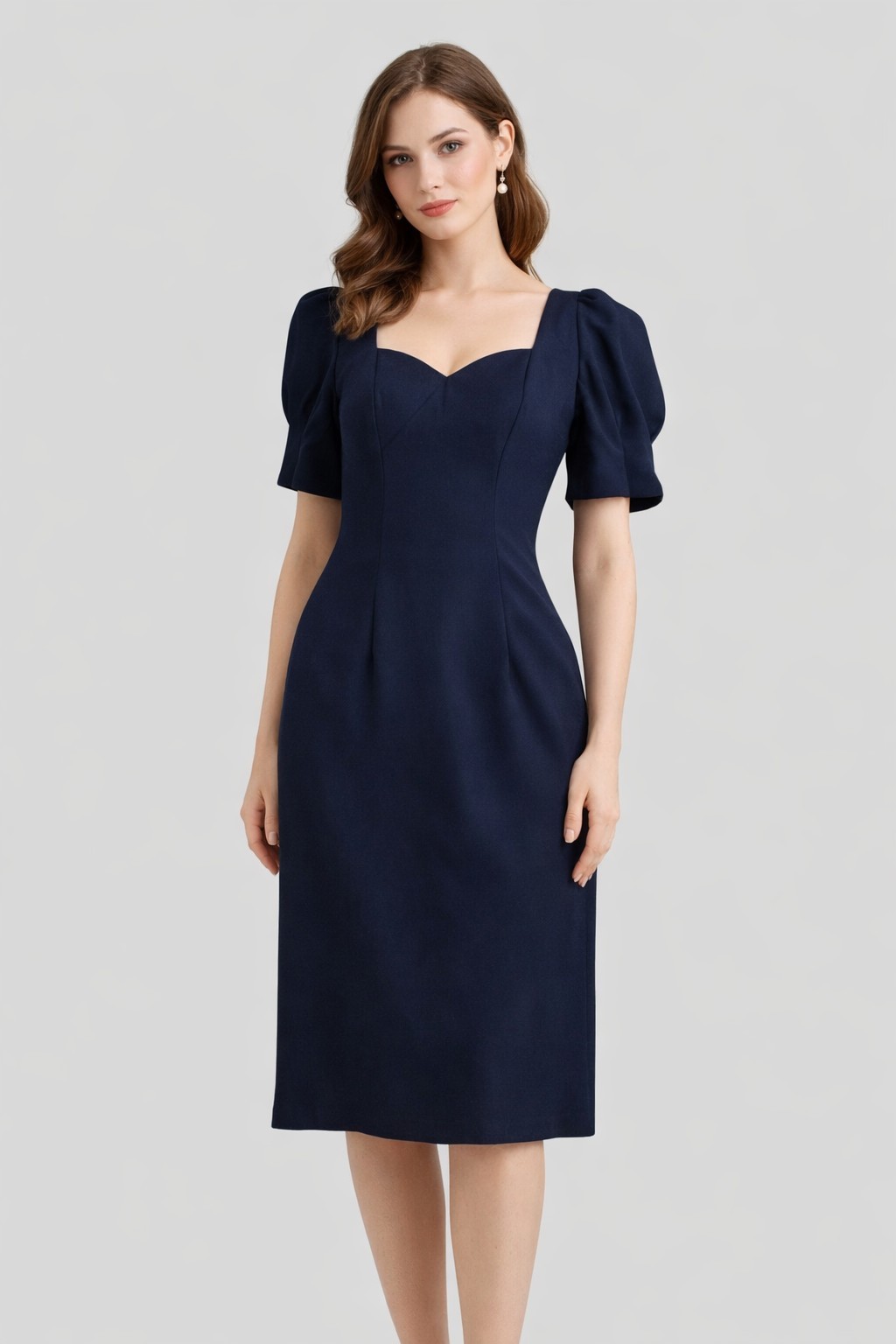 Vtg Cachet By Bari Protas Navy Blue Midi Dress Sz 5 6 Sweetheart Puff Sleeve