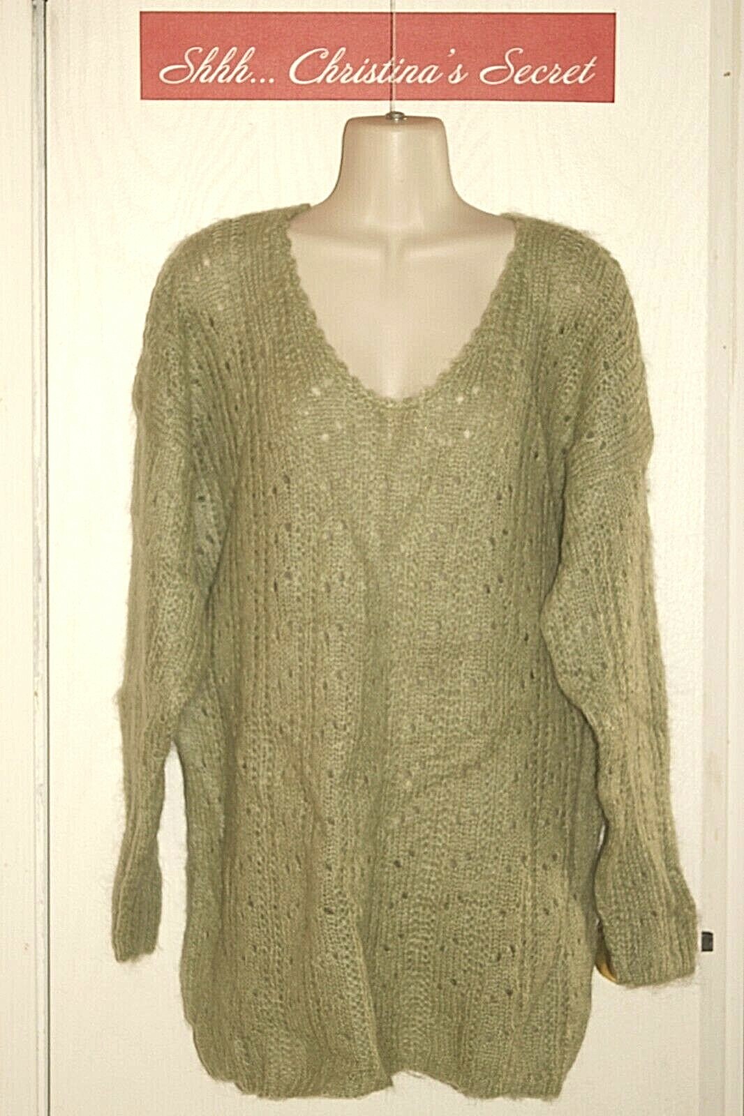NEW VINTAGE SOSTANZA Womens Sweater Pullover Mohair Blend Sage Green Lace Sz L