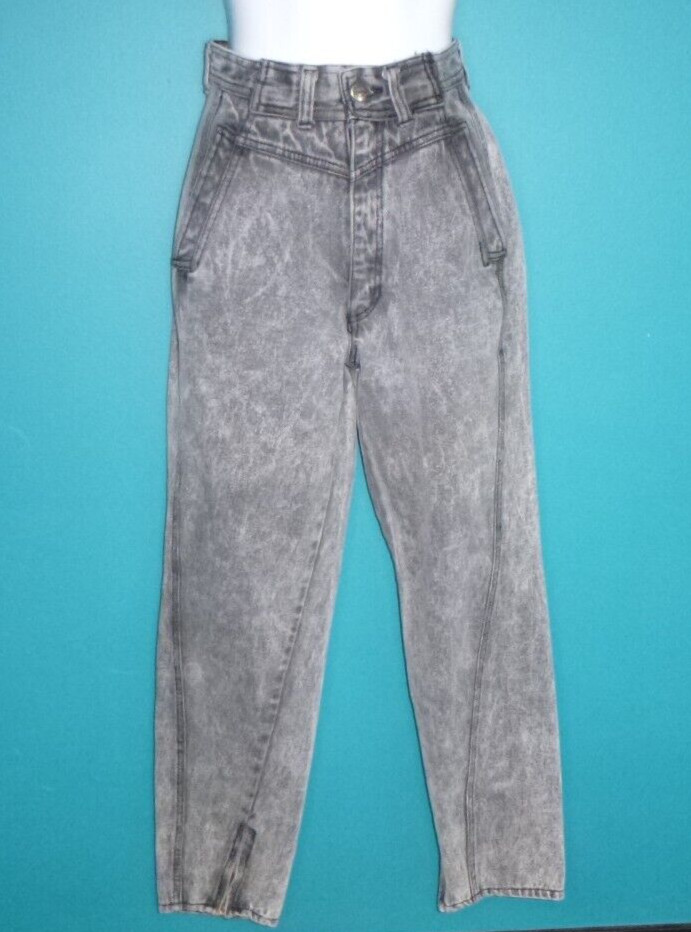 Vtg 80s Punky Yoke Jeans Acid Washed Black Gray High Waist Zip Ankles 24″ Waist