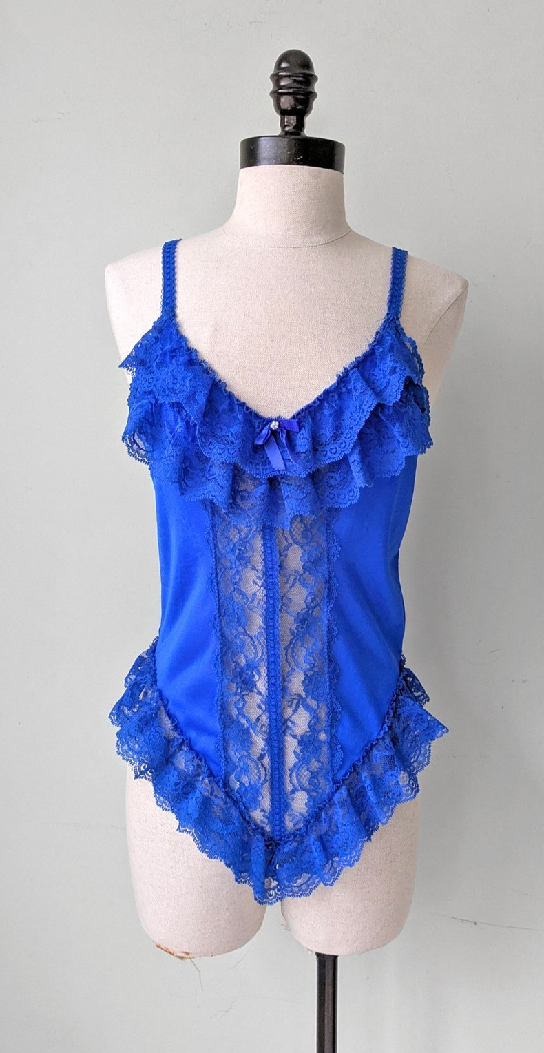 VTG Sheer Mega Lace Cobalt Blue Lingerie Teddy Bodysuit Chic Lingerie
