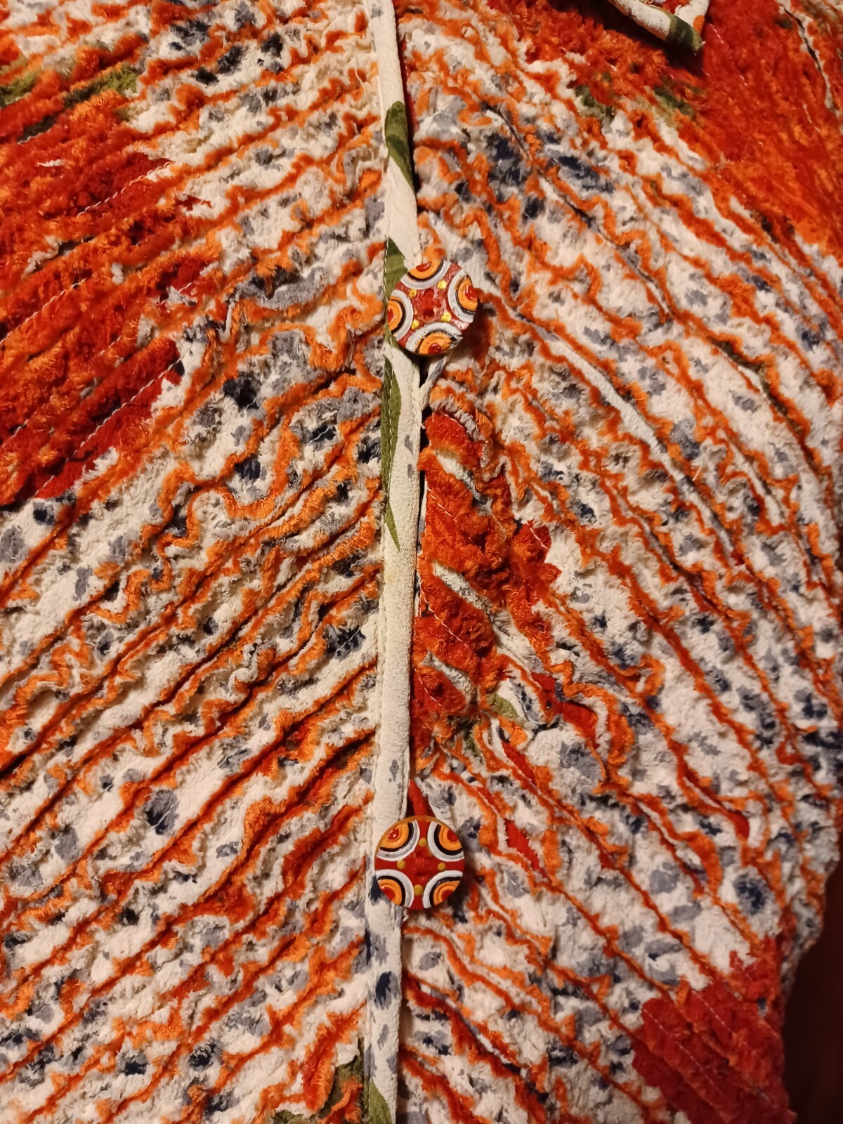 Vtg Paula Sweet Reversible Burnt Orange Gray Floral Fringe Cardigan S/M