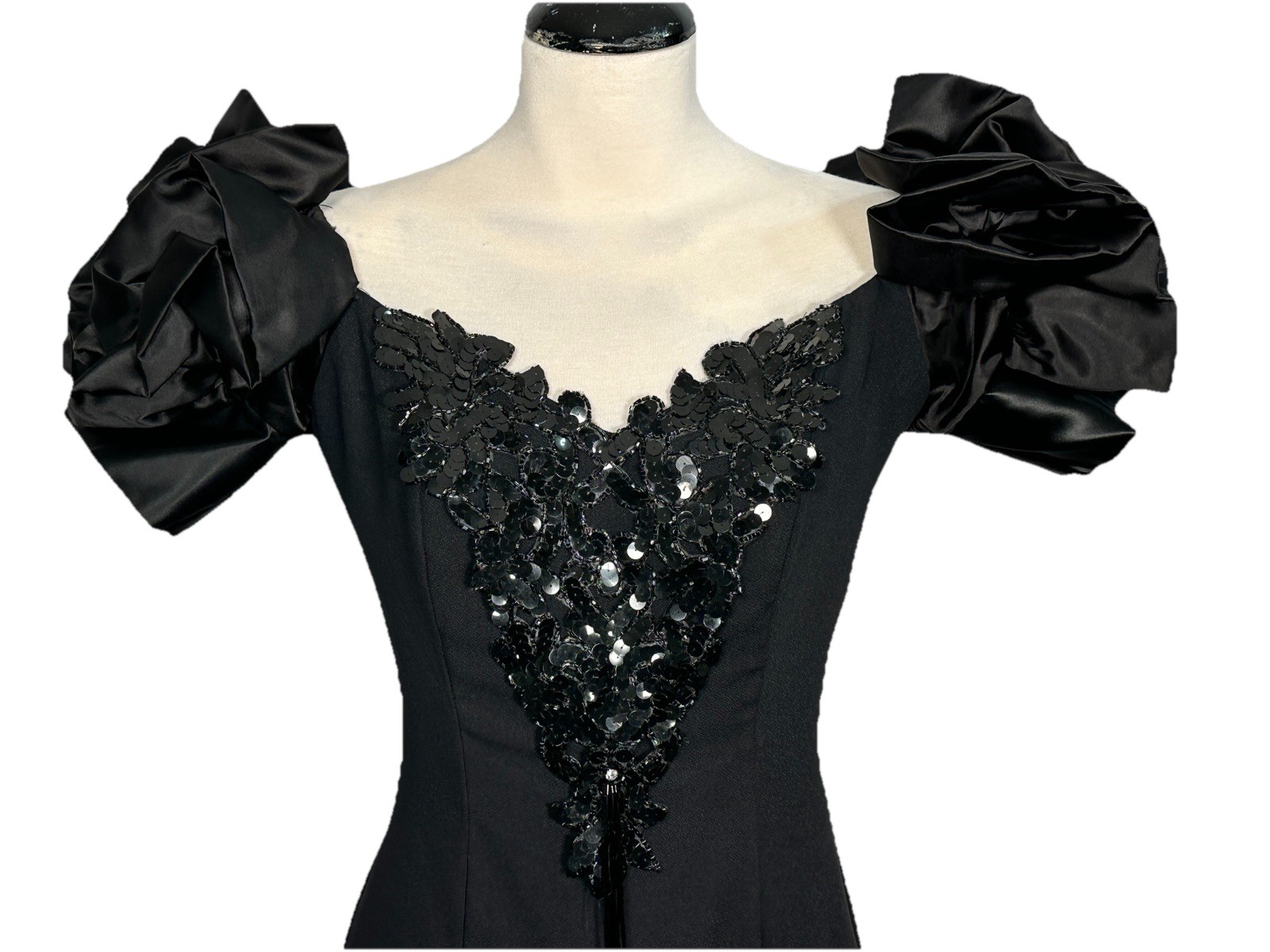 VTG 80s Zum Zum NOS Black Prom Dress Puff Slv Sequin Beaded Goth Witchy Maxi M
