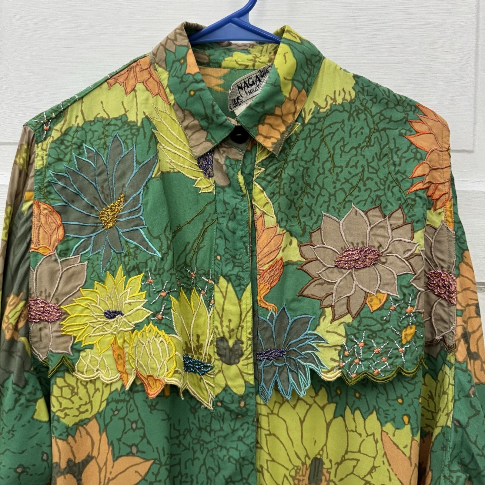 Vintage NAGA by Milo Womens L Floral Embroidered Beaded Art to Wear Shirt