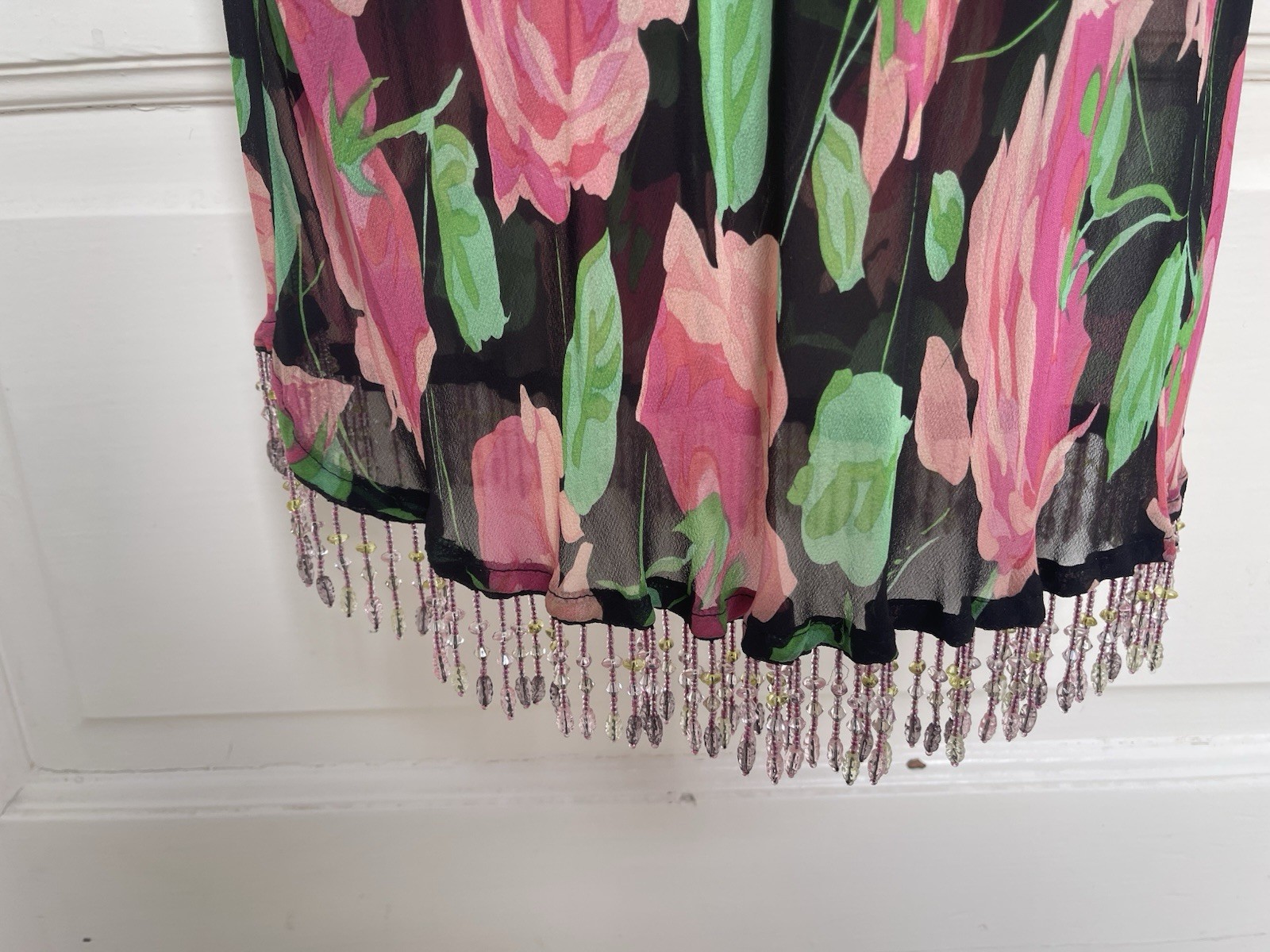 Vintage 90s Betsey Johnson Silk Floral Midi Dress Beads Size M Will Fit 6