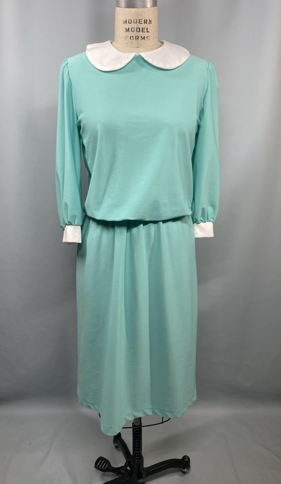 Vintage Dress JUNIORS SIZE MEDIUM teal turquoise 70s 80s Peter Pan collar