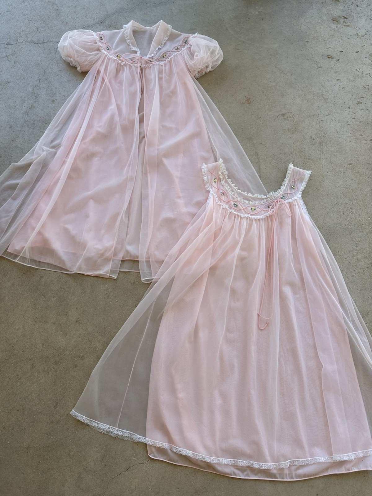 1960s Gotham Pink Nylon Peignoir Set Babydoll Chiffon Lace Lingerie Robe M VTG