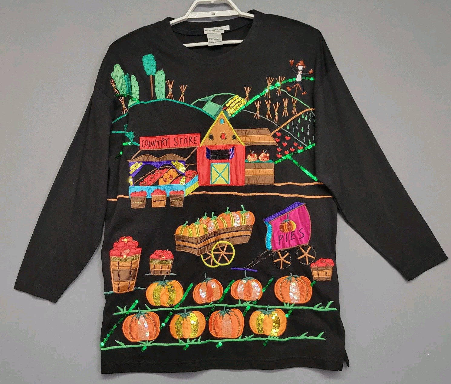 Vintage 80s Accessory Lady Top Womens L Black Fall Applique Embroidered Sequin