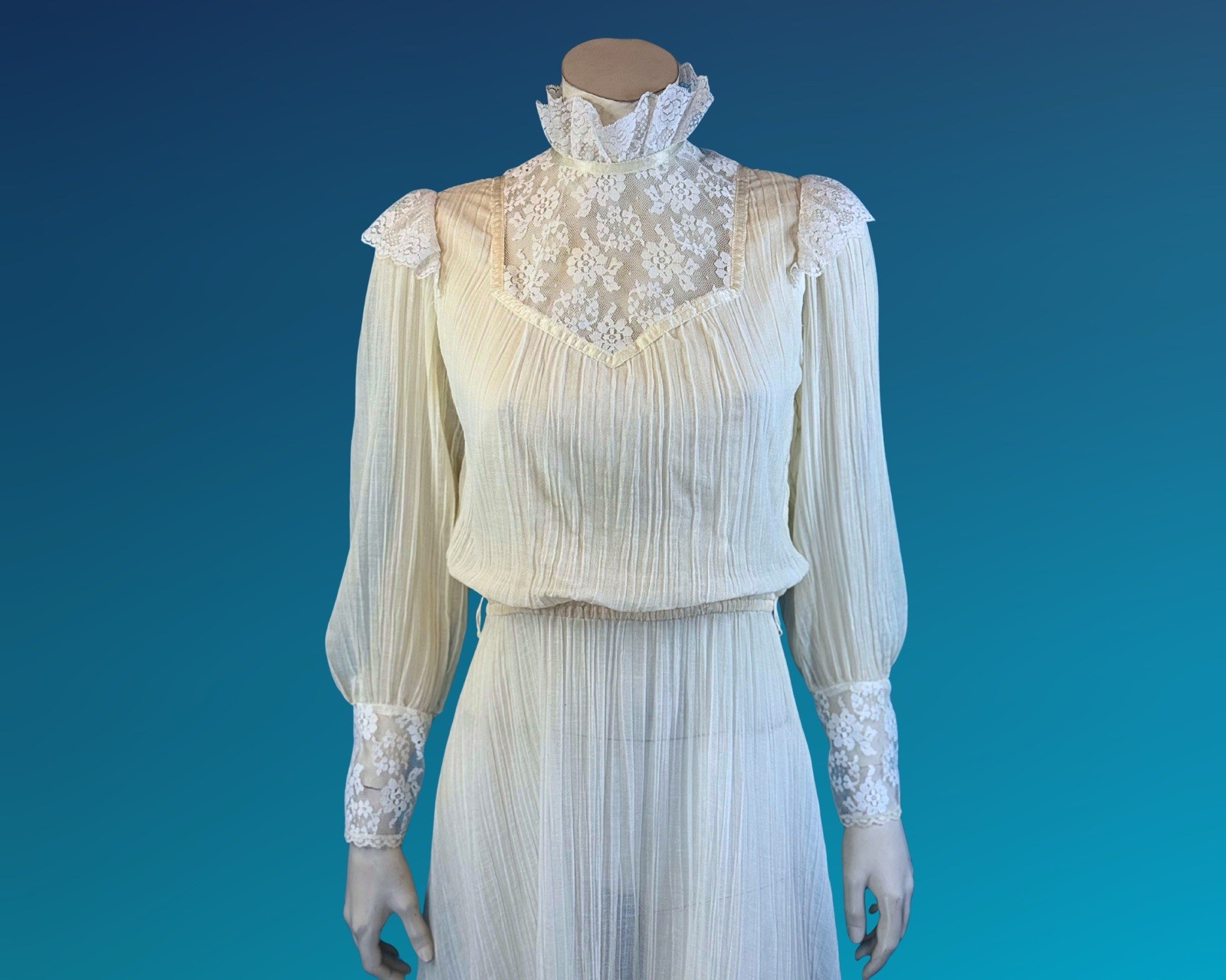 Vintage Romantic Victorian Revival Prairie Lace Crinkle Cotton Dress | S
