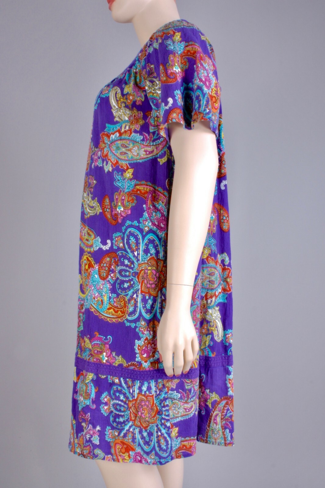Plus sz 1X Vintage 70s Purple Paisley Hippie Mod Mini Nap Dress w Pockets