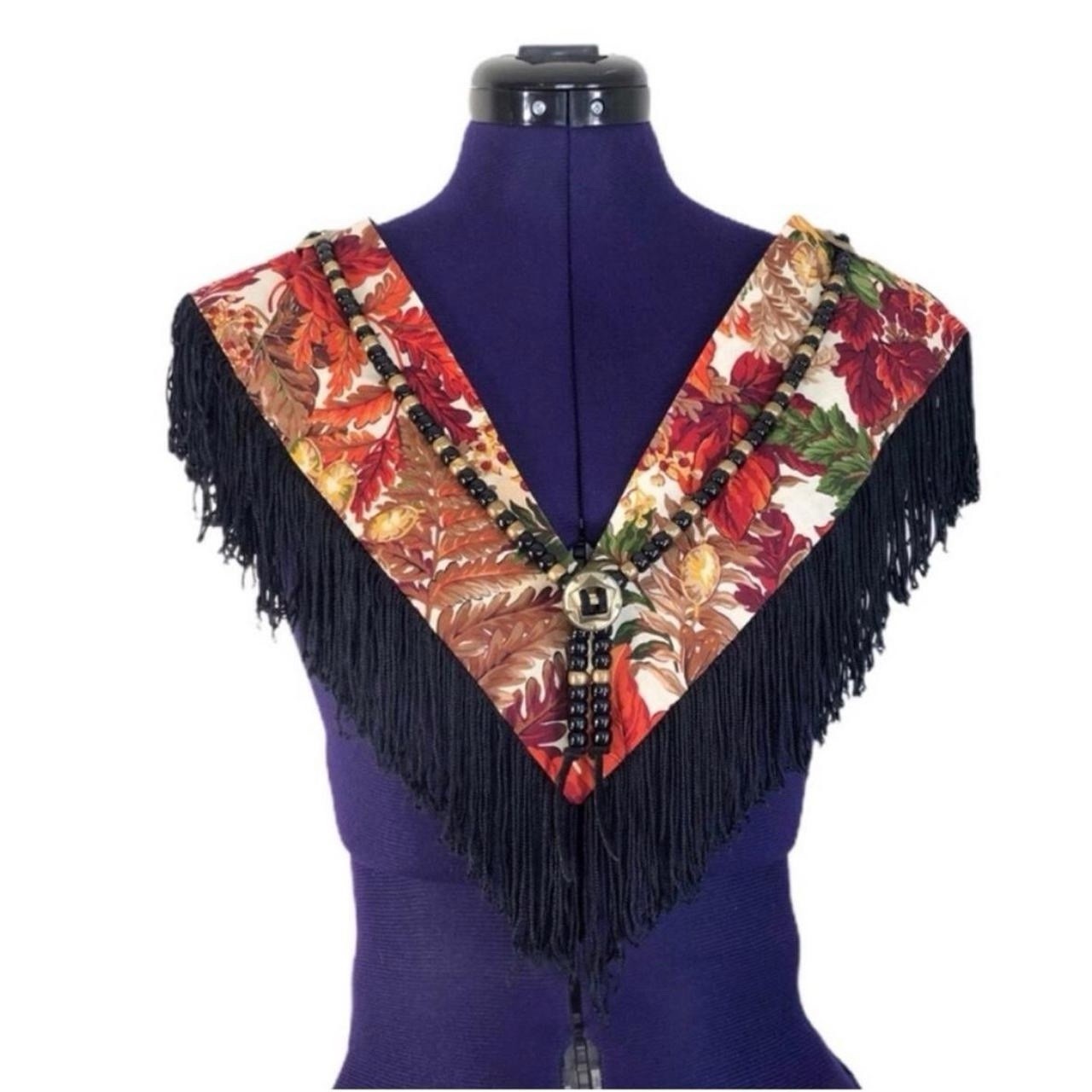 Vintage Western Fringe Beaded Collar Fall Leaf Print Boho Cowgirl Accessory