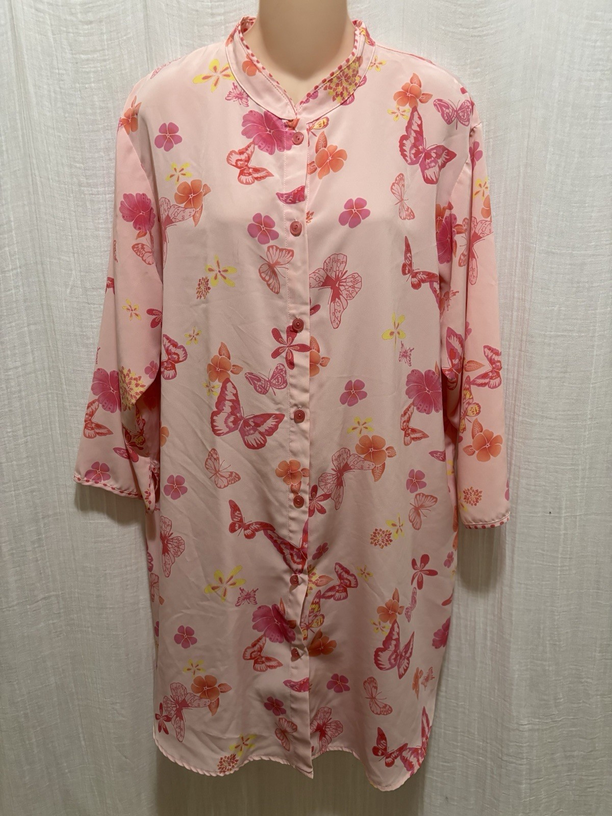 Vintage 90s Cruz Pink Butterfly Floral Duster Robe House Dress Size L