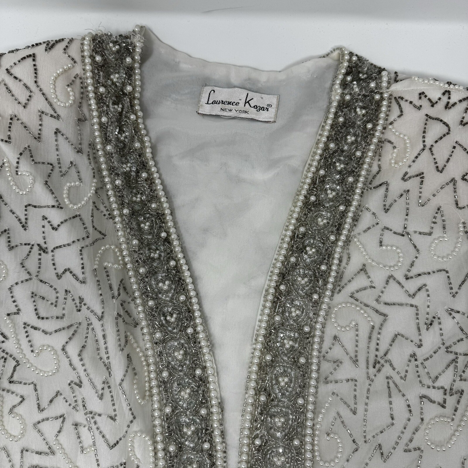 Laurence Kazar New York Vintage Beaded Pearl White Silk Evening Jacket Cardigan