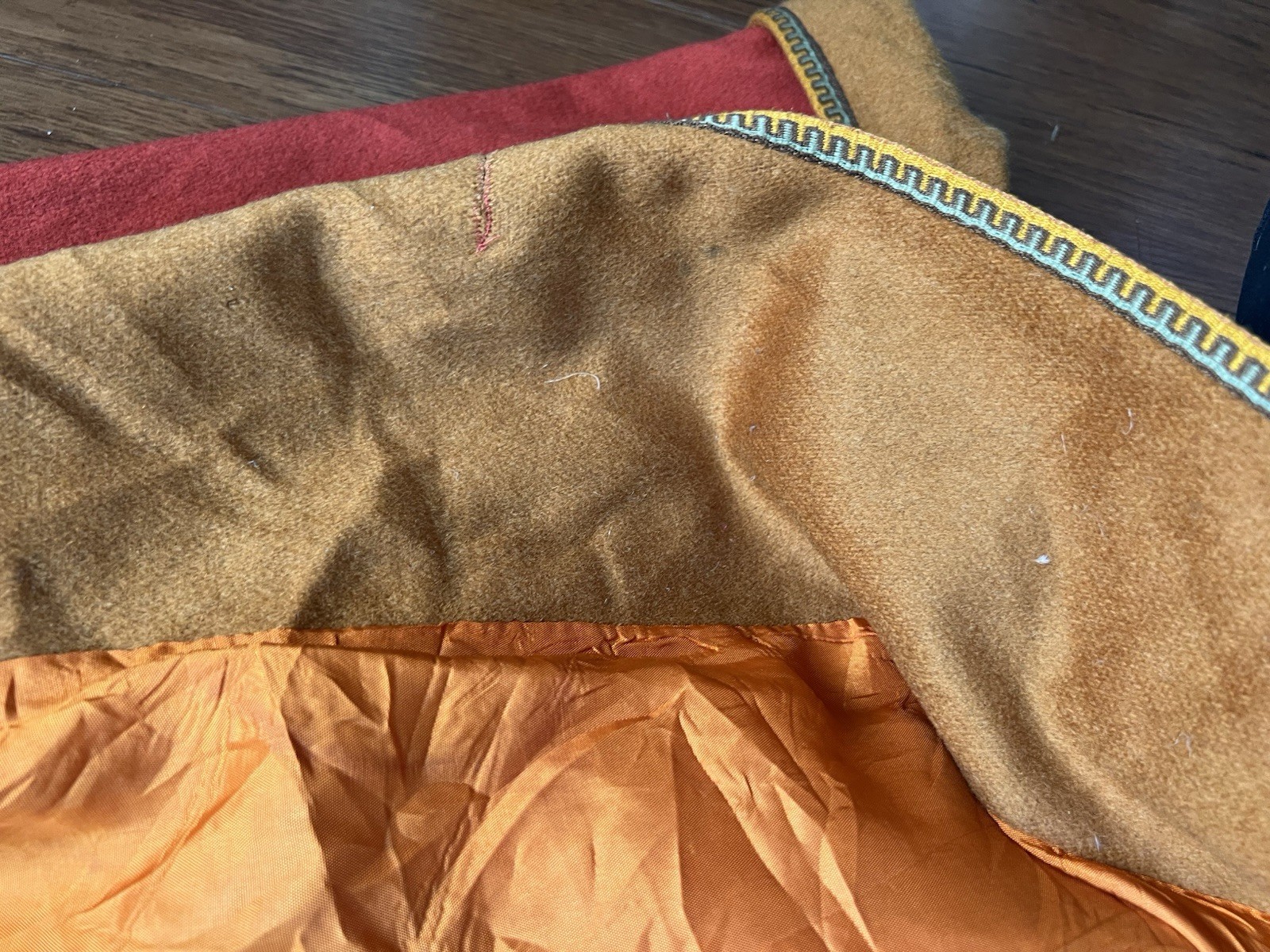 Vintage 60s 70s Wool Blend Coat Jacket Orange Yellow Trim Mod Hippie FLAWS READ