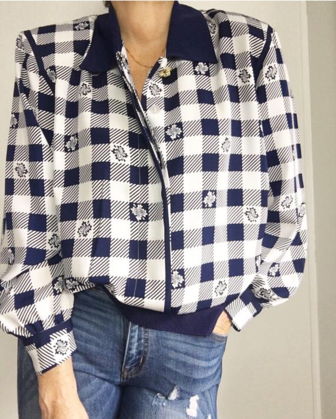 Vintage Blue White Checked Plaid Blouson Blouse Tartan Casual Or Business