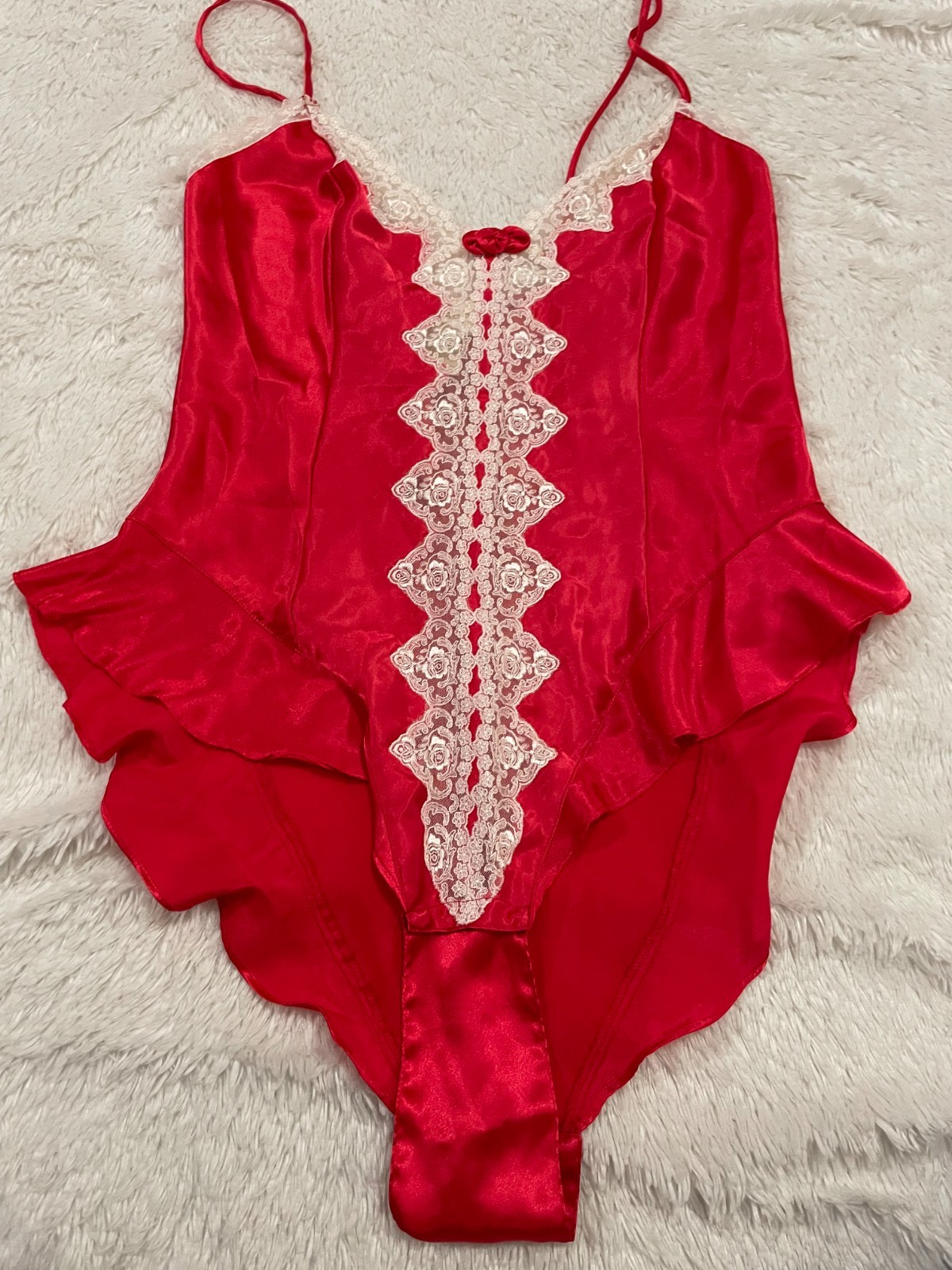 S Vtg VICTORIA’S SECRET Soft SATIN Lace Bodysuit Teddy Red Ivory Gold Label