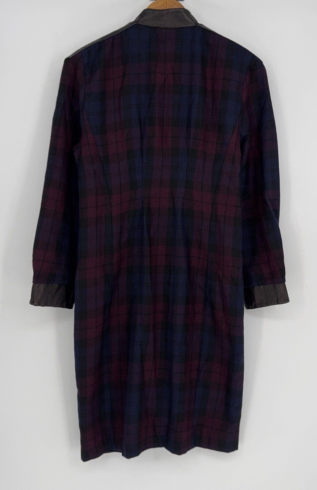 Ted Lapidus Couture Women’s Coat Navy Burgundy Plaid Leather Trim FR 42